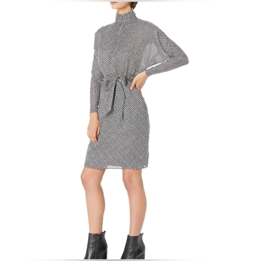 Joie Anastasia Belted Black White Houndstooth Long Sleeve Dress 10
